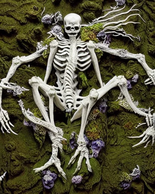 Prompt: white dragon skeleton covered in moss and flowers, intricate details, hyperrealistic, hr giger