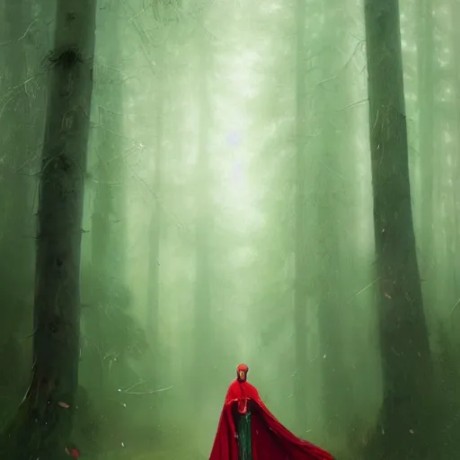 Prompt: epic portrait an beautiful woman wearing green cape with a hood on, armor, goddess, wet flowing red hair, forest blurry backround, broad light, ambient occlusion, volumetric light effect, made by ivan aivazovsky, peter mohrbacher, greg rutkowski, matte painting, trending on artstation, 4 k, perfectly defined features, digital painting,