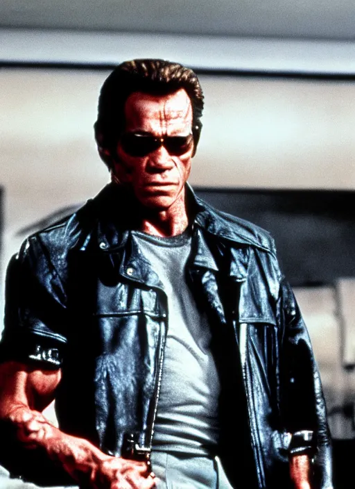 Prompt: film still of Tommy Lee Jones as The Terminator in The Terminator, 4k