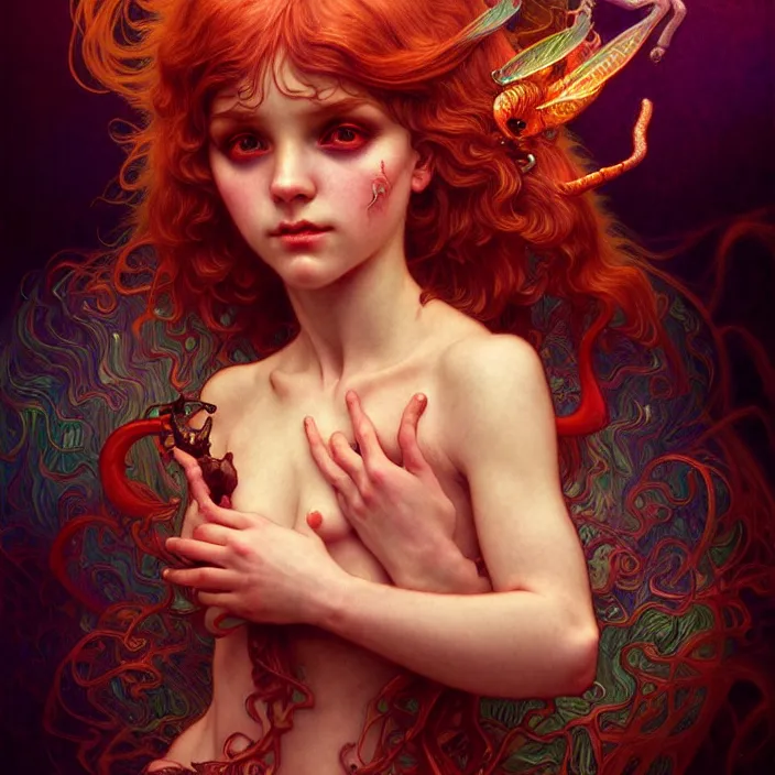 Image similar to psychedelic cute little demon, diffuse lighting, fantasy, intricate, elegant, highly detailed, lifelike, photorealistic, digital painting, artstation, illustration, concept art, smooth, sharp focus, art by John Collier and Albert Aublet and Krenz Cushart and Artem Demura and Alphonse Mucha