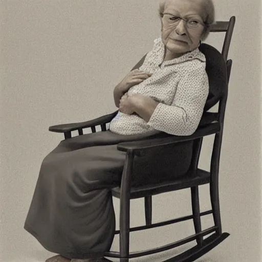 Image similar to hyper-realistic realistic realistic portrait where a very old grandmother appears sitting in a rocking chair. a 3-year-old baby girl appears sitting on the grandmother's leg