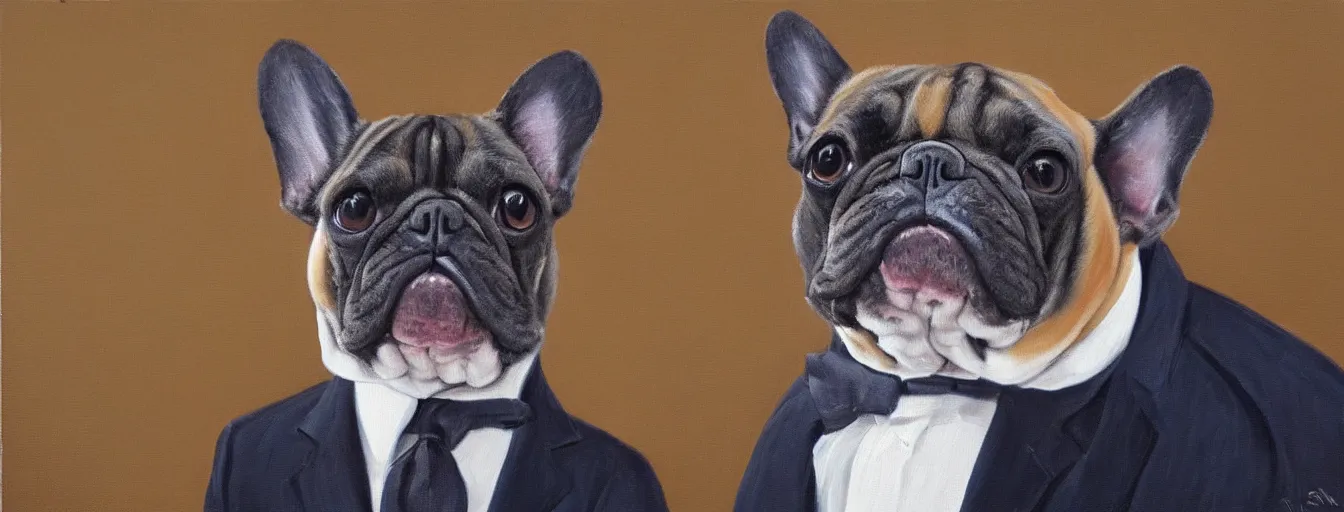 Image similar to oil painting of a french bulldog wearing businessman attire