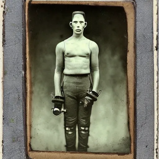 Prompt: tintype vintage photographs of aliens, cryptids, cyborgs, post apocalyptic humans, and time travelers