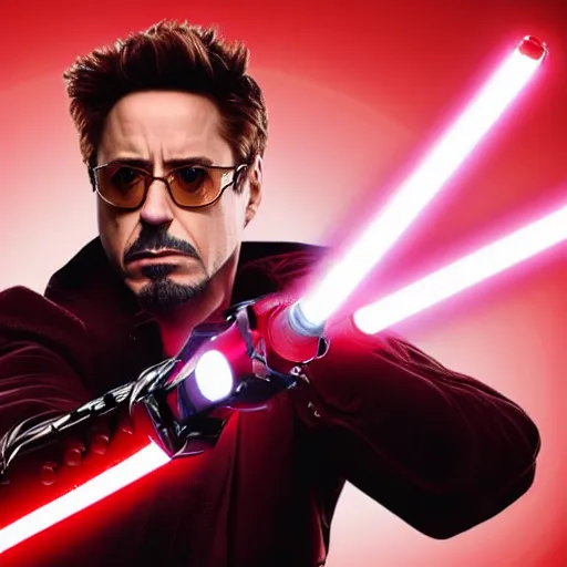 Image similar to Robert Downey Jr holding a red lightsaber dramatically, 4k, very detailed, backlit