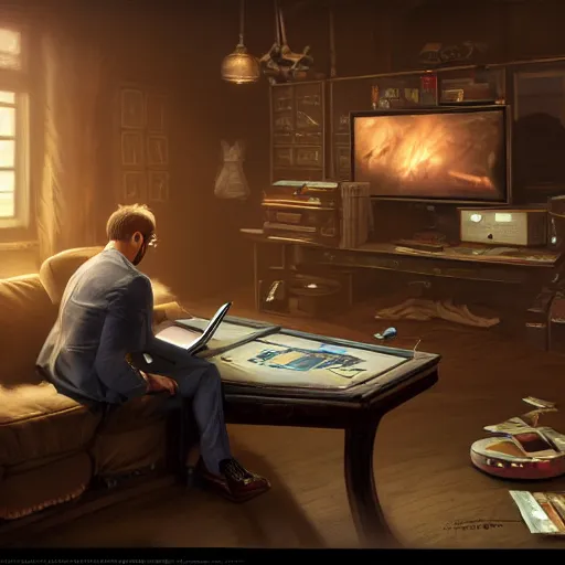 Image similar to realistic rich man using laptop in gaming room, money on floor, artstation trends, sci fi concept art, highly detailed, intricate, sharp focus, digital art, 8 k