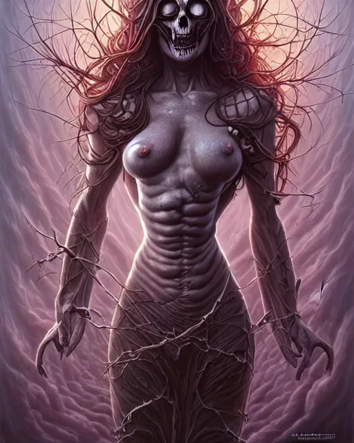 Prompt: death is swallowed up in victory, very detailed and beautiful womans face, screaming with fear, artwork by artgerm, centered shot, wide angle, full body, elfpunk, artwork by naoto hattori, landscape art by john howe