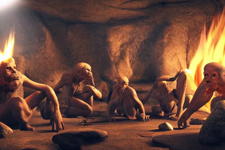 Image similar to still photo of ancient human ancestors discovering fire, highly detailed, photorealistic shot, bright studio setting, studio lighting, crisp quality and light reflections, unreal engine 5 quality render