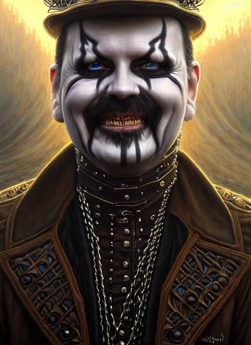 Image similar to closeup portrait shot of king diamond in a scenic dystopian environment, intricate, elegant, highly detailed, centered, digital painting, artstation, concept art, smooth, sharp focus, illustration, artgerm, tomasz alen kopera, peter mohrbacher, donato giancola, joseph christian leyendecker, wlop, boris vallejo