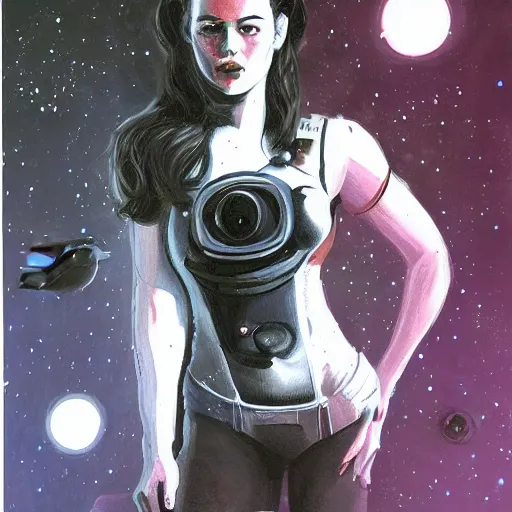 Image similar to portrait painting of a space mechanic, retrowave noir, in the style of frank cho, casey baugh and james jean, hyper realistic face, photorealistic face