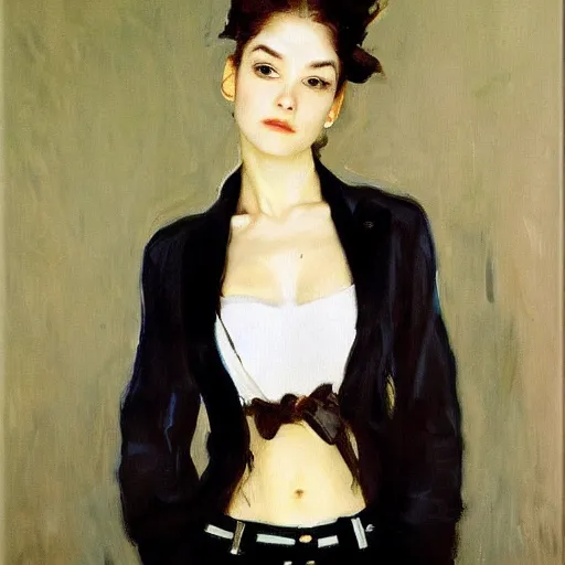 Prompt: anime vogue, crop top, blazer, jeans, intricate oil painting by john singer sargent, trending on artstation