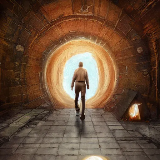 Image similar to a man walking into the portal, concept art, illustration, highly detailed, artwork, cinematic, hyper realistic, art station