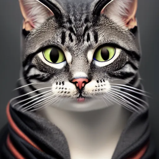 Image similar to a studio photograph of a cat wearing a hoodie,realistic,photorealistic,hyperdetailed,hyperrealistic,detailed face,highly detailed,professional photo,professional lighting,studio photo,studio lighting,digital art,ultra realistic,ultra detailed,art by greg rutkowski