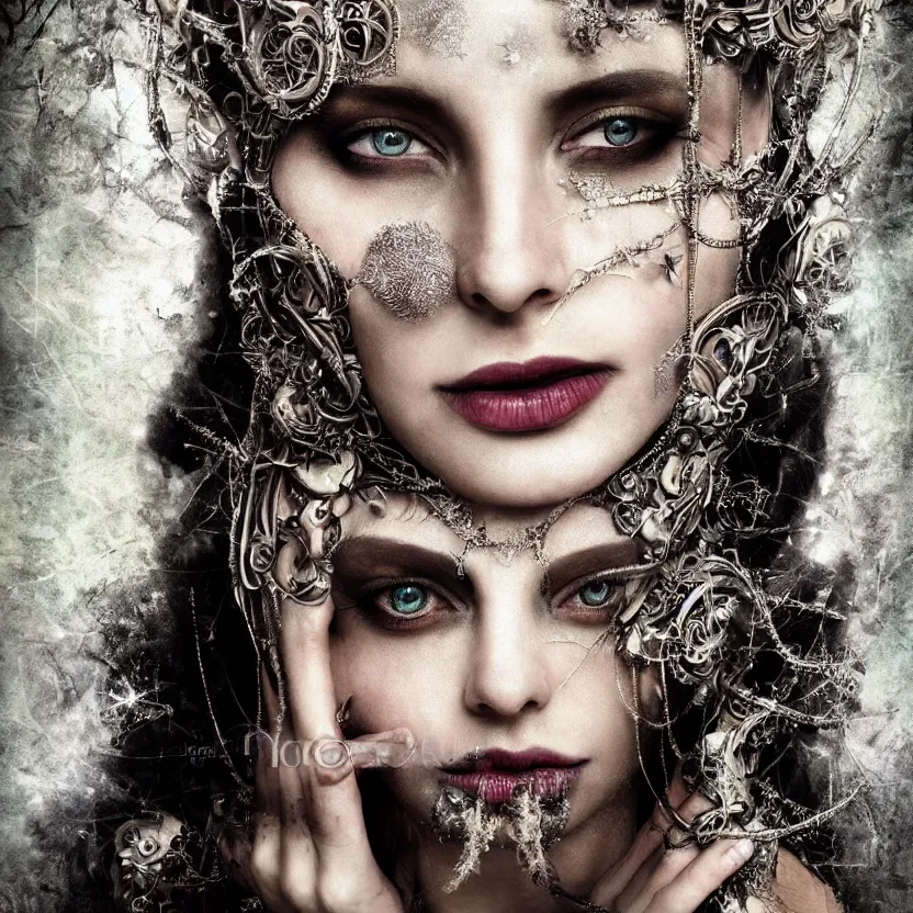 Image similar to mindblowing portrait of the enchantress queen, a stunning timeless beauty, breathtaking eyes, perfect skin, feathered eyelashes, royal gothic dress with a lot of leather, heavy silent hill aesthetic, incredibly intricate, digital art, blender, houdini & photoshop, very elegant & complex, hyper-maximalist, overdetailed, epic cinematic quality, biblical art lighting, photorealistic, lifelike, OLED, DSLR HDR 8k, face is the focus, facial feature symmetry, hyper composed, created by Nixeu & z--ed from deviantart