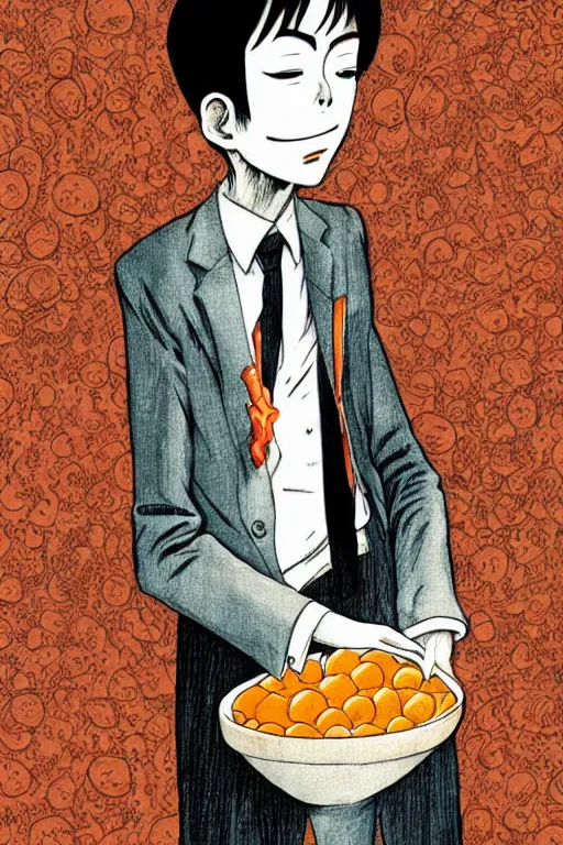 Prompt: junji ito illustration of a businessman with an orange fruit for a head