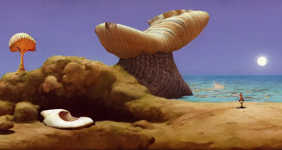 Prompt: a deserted island, giant seashell stands in the middle, surrounded by coral, a girl standing below, concept art by roger dean and john harris, atmospheric