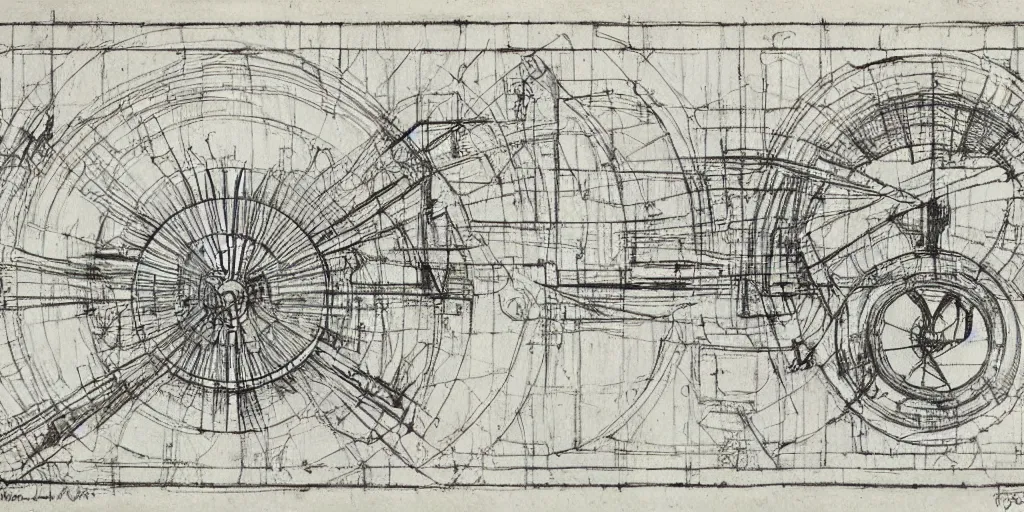 Image similar to leonardo da vinci color intricate full page scan blueprint of an environmental turbine machine, on paper, black ball pen style, :: ultra-detailed technical precision :: mixed media with white and silver lines, realistic composition, point of interest at golden ratio, light from right, more darkness on the bottom, monumentally art composition, high quality of sketching with subtle hairlines, highly detailed rounded forms, inside out and outside in, octane render