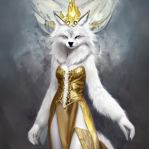 Prompt: commissioned full body portrait of a female anthro furry wolf princess fursona with a feminine wolf head with white hair wearing a white and gold armored dress in a white and gold palace, by Wlop and jerry park, artstation, extremely detailed