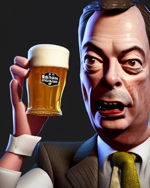 Image similar to Bitter Nigel Farage with a pint on his hand. Unreal engine, fantasy art by Betty Jiang. Faithfully depicted facial expression, perfect anatomy global illumination, radiant light, detailed and intricate environment