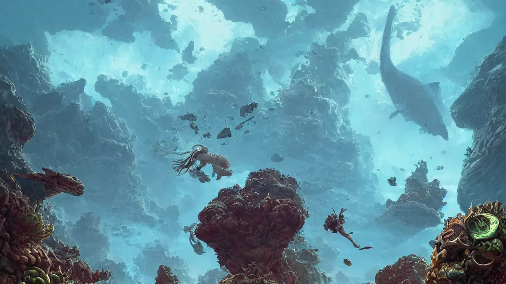 Prompt: A diver is under the sea, he has a treasure with him, he is swimming away from the giant Ryūjin that is behind hunting him, this is an extravagant planet with wacky wildlife and some mythical animals, the background is full of ancient ruins, the ambient is vivid with a terrifying atmosphere, by Jordan Grimmer digital art, trending on Artstation,