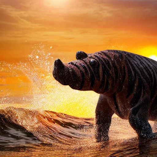 Prompt: a closeup photorealistic photograph of a cute smiling knitted tiger hippopotamus splashing in the surf at sunset. waves in background. professional capture. brightly lit scene. this 4 k hd image is trending on artstation, featured on behance, well - rendered, extra crisp, features intricate detail, epic composition and the style of unreal engine.