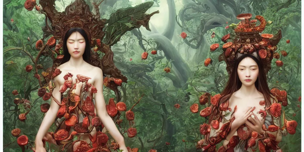 Image similar to breathtaking detailed concept art painting of the goddess of rafflesia arnoldii flowers, orthodox saint, with anxious, piercing eyes, ornate background, amalgamation of leaves and flowers, by Hsiao-Ron Cheng, James jean, Miho Hirano, Hayao Miyazaki, extremely moody lighting, 8K