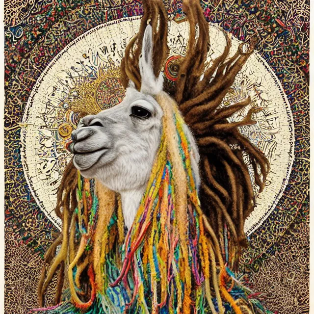 Prompt: llama with dreadlocks, detailed, by ernst haeckel, james jean, el anatsui, mandy jurgens, alphonse mucha, maxfield parrish