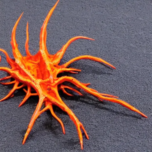 Prompt: a mechanical hallucigenia made of molten lava