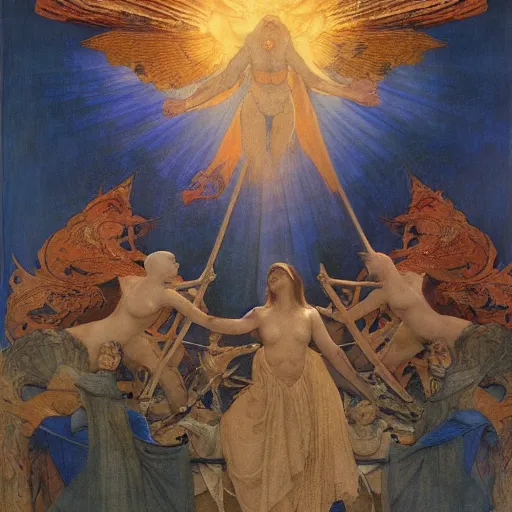 Image similar to war between the house of crows and the house of moths, by Annie Swynnerton and and Nicholas Roerich and Diego Rivera and Maxfield Parrish and Gaston Bussière , symbolist, dramatic lighting, embroidered brocade robes, god rays, rich colors,smooth, sharp focus, extremely detailed