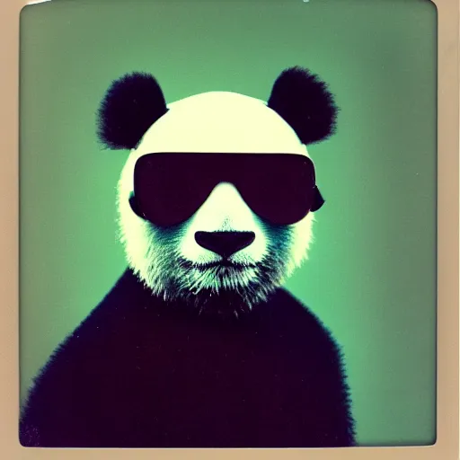 Image similar to grainy head to shoulder portrait polaroid film photograph of a panda in a mall wearing aviator shades. plain teal background with polkadots. super resolution. surreal. extremely detailed. polaroid 6 0 0 film. by annie leibovitz and richard avedon