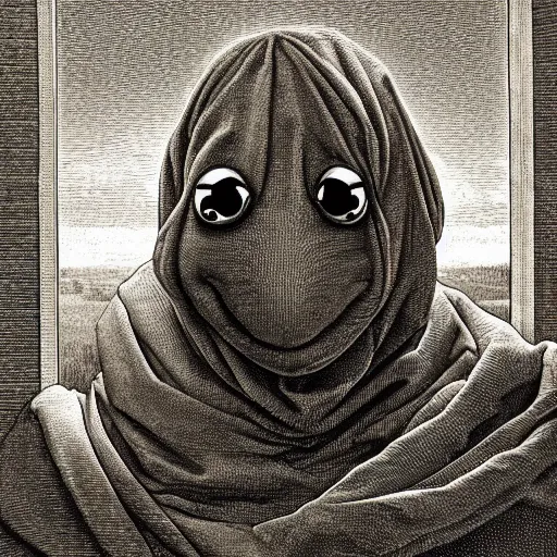 Prompt: traditional portrait of kermit in front of a window, close up, realistic, dramatic light, Chiaroscuro, illustration by Gustave Doré