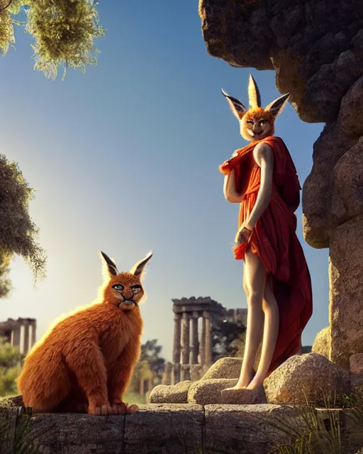 Image similar to fullbody photo of humanoid cute fluffy caracal dressed in toga, sun behind him, ancient greek city, sunny day, by ilya kuvshinov, rtx rendering, octane render 1 2 8 k, maya, extreme high intricate details by tom bagshaw, medium shot, composition by sana takeda, lighting by greg rutkowski