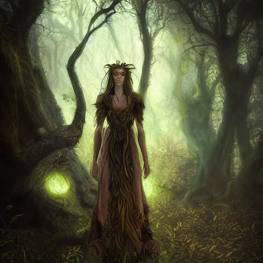 Image similar to cinematic portrait of a dryad priestess, by brian froud, inspired by dungeons and dragons, mysterious, in an evening autumn forest, trending on art station, sunset evening lighting, ominous shadows by jessica rossier