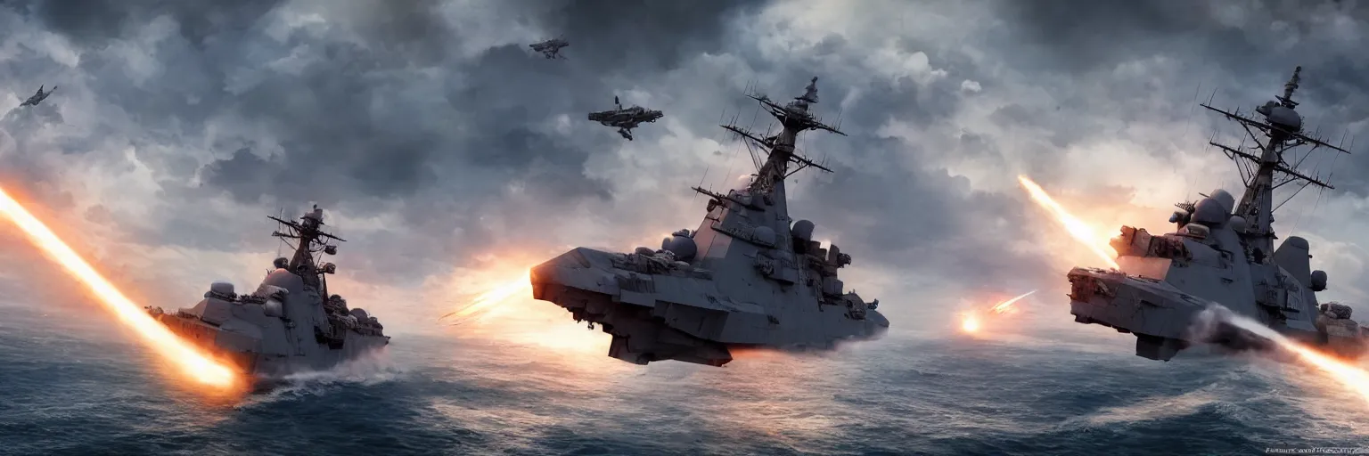 Image similar to aircraft destroyer firing intercontinental rocket In aa ocean storm, dramatic lighting, cinematic, establishing shot, extremly high detail, foto realistic, cinematic lighting, post processed, concept art, artstation, matte painting, style by eddie mendoza, raphael lacoste, alex ross