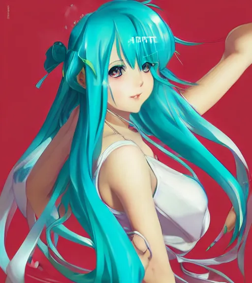 Image similar to anime art of beautiful Hatsune miku with beautifel legs by artgerm, rossdraws, magali villeneuve, Gil Elvgren, Alberto Vargas, Earl Moran,, Art Frahm, Enoch Bolles