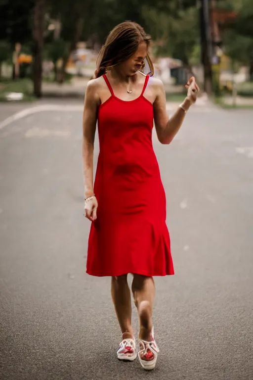 Prompt: woman in a red sleeveless dress, out of focus