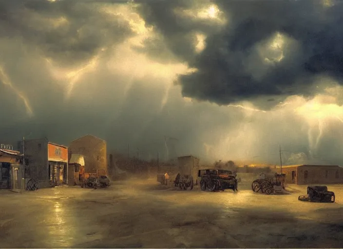 Image similar to oil painting of american old west town, harbour, dramatic storm clouds, dusty street, sunrays, dramatic, very very very beautiful art, cinematic lighting, romanticism by goya, bright pastel color, blue sky