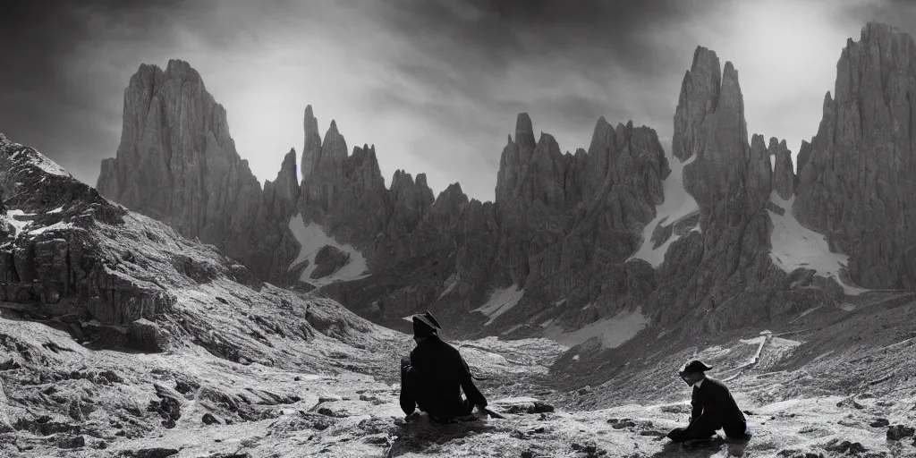 Prompt: 1920s photography of lonely wanderer, dolomites in the background, occult signs, fire, alp, dolomites, alpine, detailed intricate insanely detailed octane render, 8k artistic 1920s photography, photorealistic, black and white, chiaroscuro, hd, by David Cronenberg, Raphael, Caravaggio