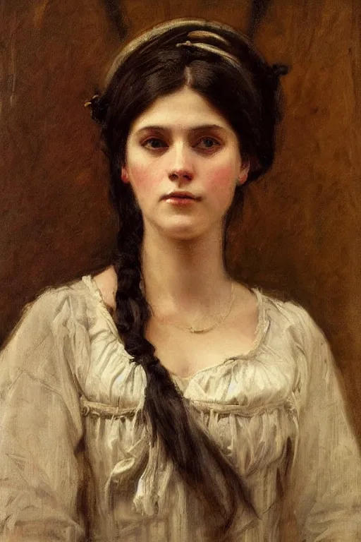 Image similar to Solomon Joseph Solomon and Richard Schmid and Jeremy Lipking victorian genre painting full length portrait painting of a young beautiful woman traditional german barmaid in traditional costume