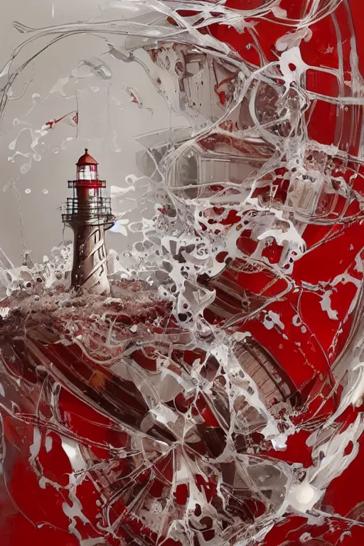 Image similar to a red and white lighthouse inside a clear bottle, very fancy whiskey bottle, intricate concept painting by yoshitaka amano, daytoner, greg tocchini