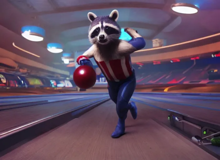 Prompt: film still of Rocket Racoon goes bowling in the new Avengers movie, 4k