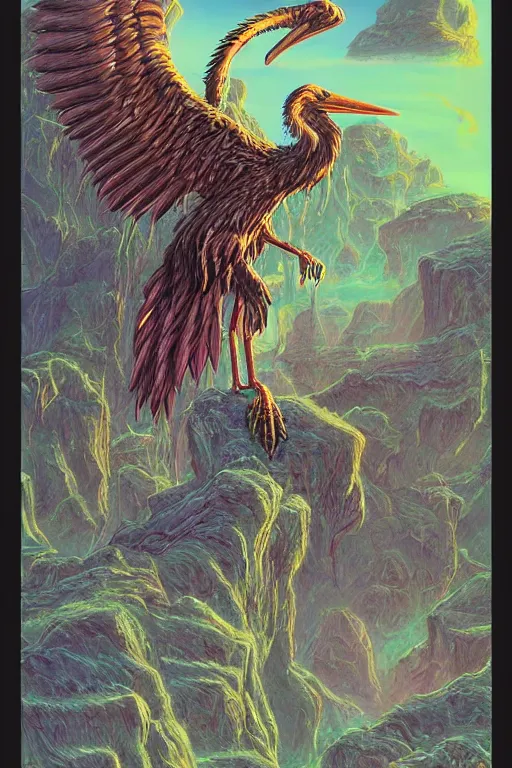 Image similar to howler shrine charm stork, art by larry elmore and tony diterlizzi, trending on artstation, atmospheric rear view epic fantasy, sacred geometry, fractalism, vaporwave, caricature