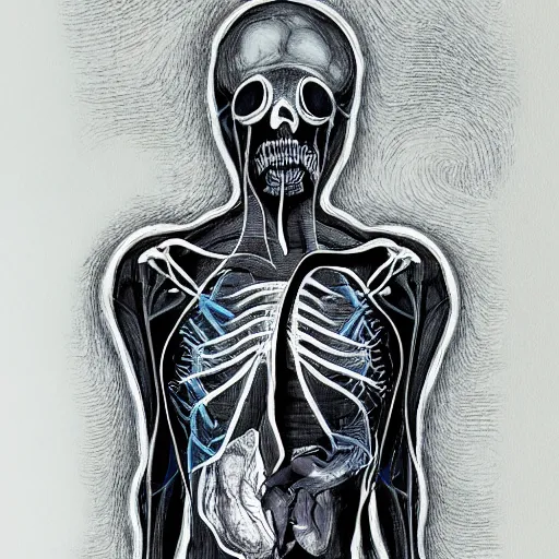 Image similar to anatomical ghost, ink paint, wires