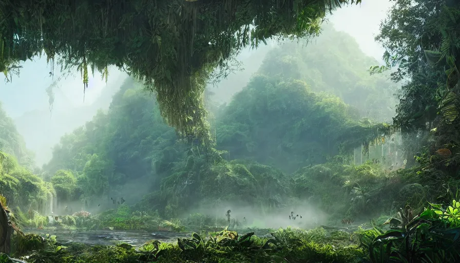 Image similar to abandoned zoo covered by vegeration in the heart of the jungle, sunny morning, mountains and waterfalls, light fog, hyperdetailed, artstation, cgsociety, 8 k