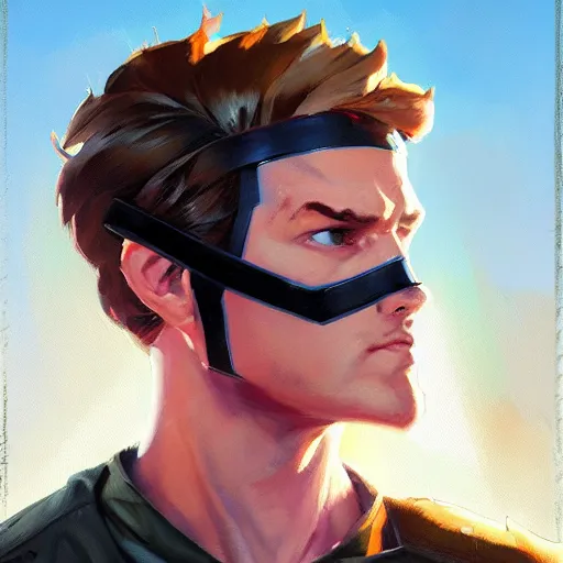 Image similar to greg manchess portrait painting of scott summers aka cyclops as overwatch character, medium shot, asymmetrical, profile picture, organic painting, sunny day, matte painting, bold shapes, hard edges, street art, trending on artstation, by huang guangjian and gil elvgren and sachin teng