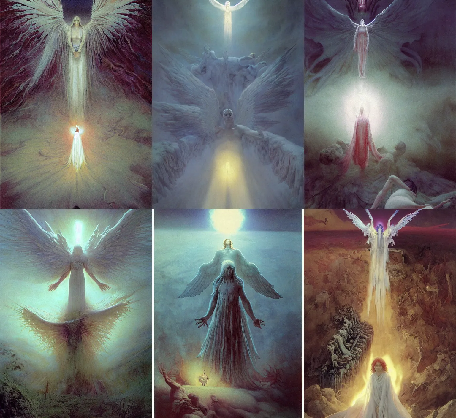 Prompt: giant white glowing angel rising above fallen demon lying on the foggy ground by wayne barlowe, wes anderson, arnold böcklin, roger dean, mikalojus konstantinas ciurlionis, mikhail vrubel and wadim kashin, rich moody colours, 90-s anime, ethereal, lo-fi retro videogame