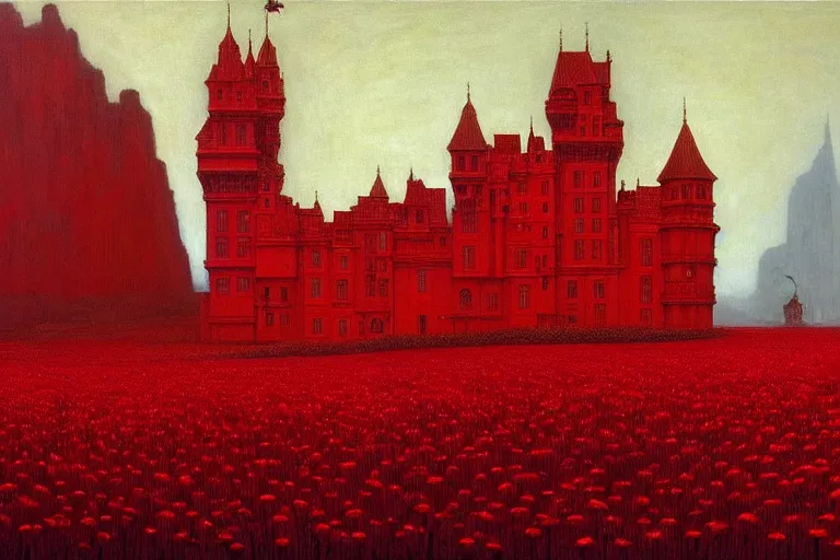 Image similar to only with red, red flowers of different types, red castle in background, red medieval goblins, in the style of beksinski, parts by edward hopper, parts by rodcenko, parts by yue minjun, intricate and epic composition, red by caravaggio, insanely quality, highly detailed, masterpiece, red light, artstation, 4 k