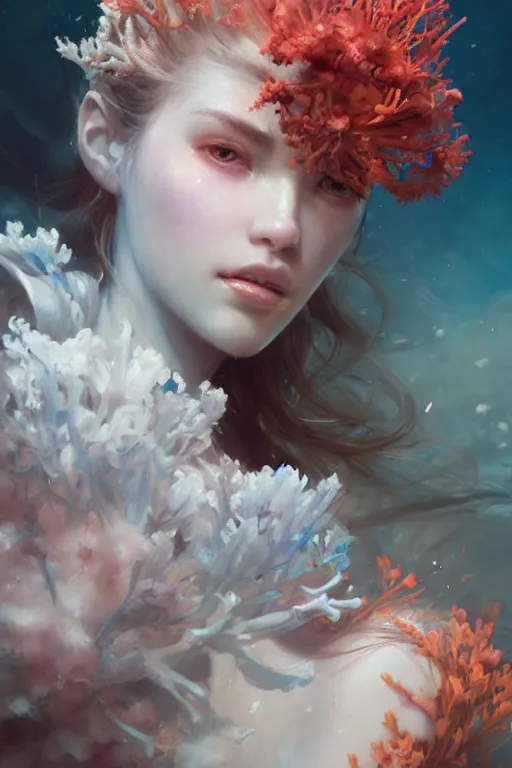 Image similar to face closeup of beautiful girl covered with coral reef and ice, 3 d render, hyper realistic detailed portrait, holding magic flowers, ruan jia, wlop. scifi, fantasy, hyper detailed, octane render, concept art, by peter mohrbacher, by wlop, by ruan jia