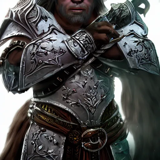 Prompt: full body portrait of half orc cleric, dungeons and dragons, male, wearing eye shadow, ornate armor, shallow depth of field, highly detailed, photograph, volumetric lighting, dynamic pose