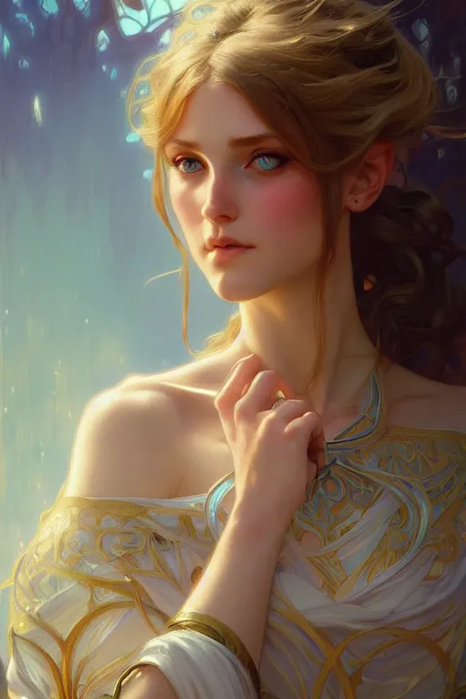 Image similar to Portrait of astonishingly beautiful girl, blue eyes, face, fantasy, intricate, elegant, highly detailed, digital painting, artstation, concept art, smooth, sharp focus, illustration, art by artgerm and greg rutkowski and alphonse mucha