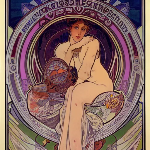 Prompt: The goddess of Fake News poster by Alphonse Mucha